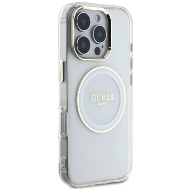 iPhone 16 Pro Guess IML Metal Colored Circle Classic Logo MagSafe dėklas - baltas 3