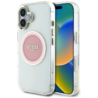 iPhone 16 Guess IML Metal Colored Circle Classic Logo MagSafe dėklas - rožinis iPhone 16 Guess IML Metal Colored Circle Classic Logo MagSafe dėklas - rožinis