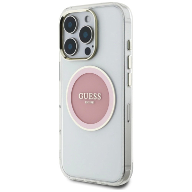iPhone 16 Pro Guess IML Metal Colored Circle Classic Logo MagSafe dėklas - rožinis 1