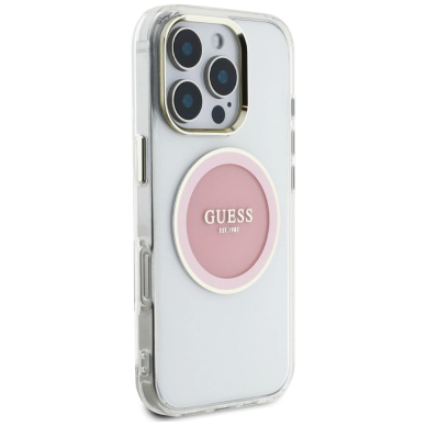 iPhone 16 Pro Guess IML Metal Colored Circle Classic Logo MagSafe dėklas - rožinis 3