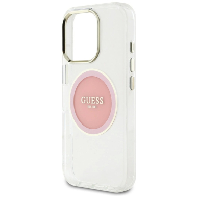 iPhone 16 Pro Guess IML Metal Colored Circle Classic Logo MagSafe dėklas - rožinis 5
