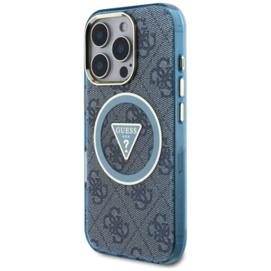 iPhone 16 Pro – Guess IML Metal Glitter 4G Circle Triangle MagSafe dėklas - Mėlynas 1