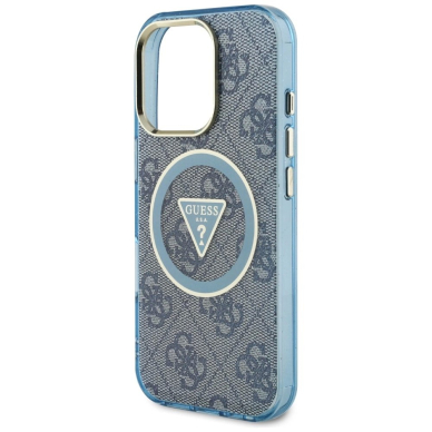 iPhone 16 Pro – Guess IML Metal Glitter 4G Circle Triangle MagSafe dėklas - Mėlynas 5