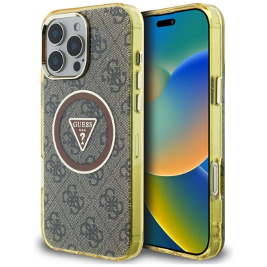 iPhone 16 Pro Max – Guess IML Metal Glitter 4G Circle Triangle MagSafe dėklas - Rudas