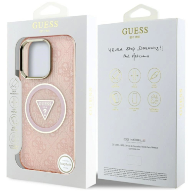 iPhone 16 Pro Max – Guess IML Metal Glitter 4G Circle Triangle MagSafe dėklas - Rožinis 7
