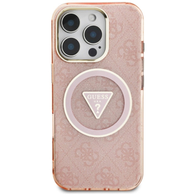 iPhone 16 Pro – Guess IML Metal Glitter 4G Circle Triangle MagSafe dėklas - Rožinis 2