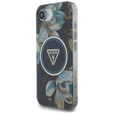 iPhone 16e – Guess IML Metal Glitter Flowers Triangle MagSafe dėklas - Juodas 1