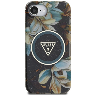 iPhone 16e – Guess IML Metal Glitter Flowers Triangle MagSafe dėklas - Juodas 2