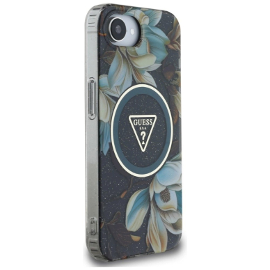 iPhone 16e – Guess IML Metal Glitter Flowers Triangle MagSafe dėklas - Juodas 3