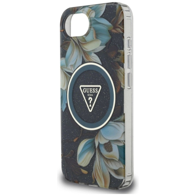 iPhone 16e – Guess IML Metal Glitter Flowers Triangle MagSafe dėklas - Juodas 5