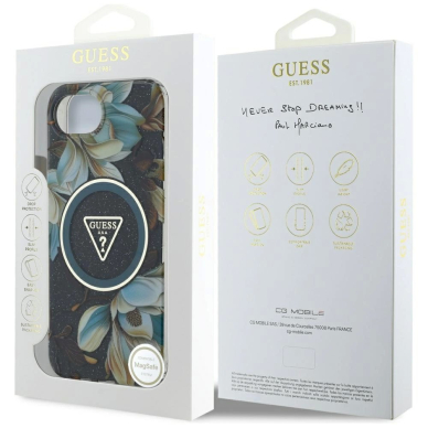 iPhone 16e – Guess IML Metal Glitter Flowers Triangle MagSafe dėklas - Juodas 7