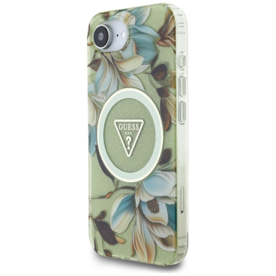 iPhone 16e – Guess IML Metal Glitter Flowers Triangle MagSafe dėklas - Žalias 1