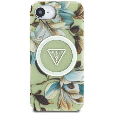 iPhone 16e – Guess IML Metal Glitter Flowers Triangle MagSafe dėklas - Žalias 2