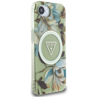 iPhone 16e – Guess IML Metal Glitter Flowers Triangle MagSafe dėklas - Žalias 3