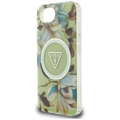 iPhone 16e – Guess IML Metal Glitter Flowers Triangle MagSafe dėklas - Žalias 5