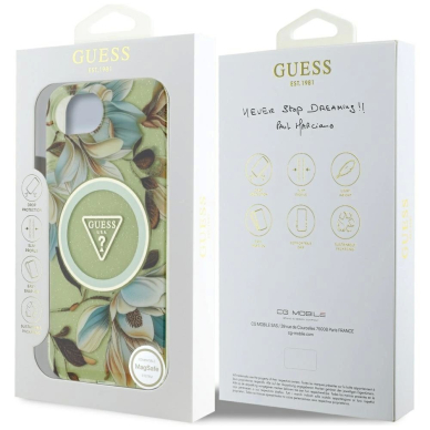 iPhone 16e – Guess IML Metal Glitter Flowers Triangle MagSafe dėklas - Žalias 7