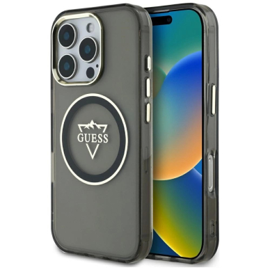 Guess IML Metal Mountain Logo MagSafe iPhone 16 Pro Dėklas - Juodas