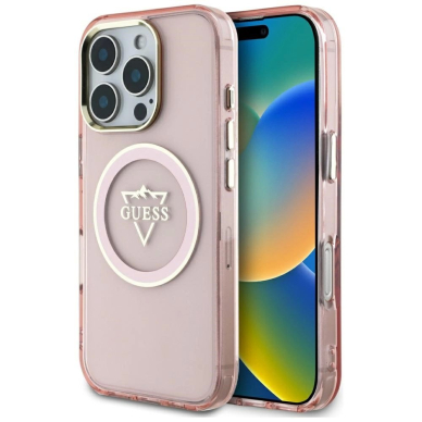 Guess IML Metal Mountain Logo MagSafe iPhone 16 Pro Dėklas - Rožinis