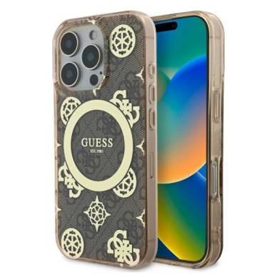 iPhone 16 Pro – Guess IML Peony On 4G Background MagSafe dėklas - Rudas