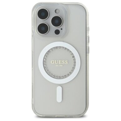 iPhone 16 Pro Guess IML Rhinestones MagSafe dėklas – baltas 2 iPhone 16 Pro Guess IML Rhinestones MagSafe dėklas – baltas 2