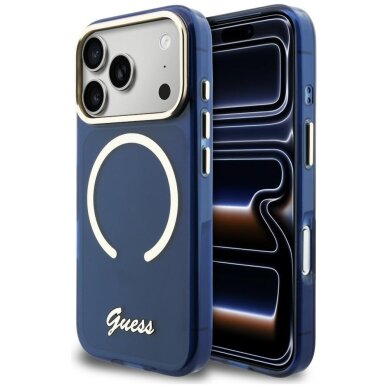 iPhone 17 Pro Max Guess IML Script Metal MagSafe dėklas – mėlynas iPhone 17 Pro Max Guess IML Script Metal MagSafe dėklas – mėlynas