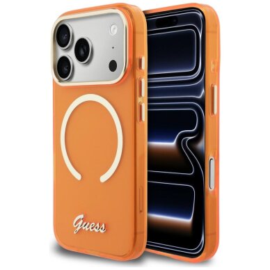iPhone 17 Pro Max Guess IML Script Metal MagSafe dėklas – oranžinis iPhone 17 Pro Max Guess IML Script Metal MagSafe dėklas – oranžinis