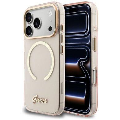 iPhone 17 Pro Max Guess IML Script Metal MagSafe dėklas – rožinis