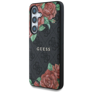 Guess Odinis 4G Flowers Print Metal Classic Logo MagSafe Dėklas skirtas Samsung Galaxy S25 - Juodas 1