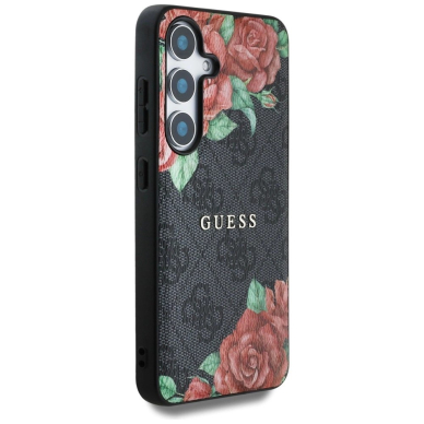 Guess Odinis 4G Flowers Print Metal Classic Logo MagSafe Dėklas skirtas Samsung Galaxy S25 - Juodas 3