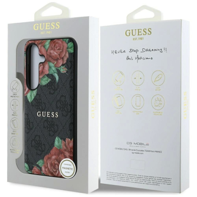 Guess Odinis 4G Flowers Print Metal Classic Logo MagSafe Dėklas skirtas Samsung Galaxy S25 - Juodas 7