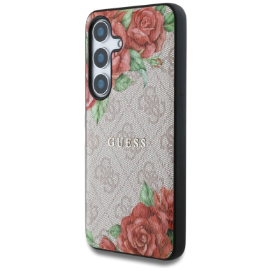 Guess Odinis 4G Flowers Print Metal Classic Logo MagSafe Dėklas skirtas Samsung Galaxy S25 - Rožinis 1