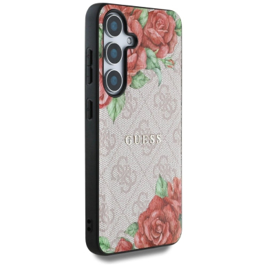 Guess Odinis 4G Flowers Print Metal Classic Logo MagSafe Dėklas skirtas Samsung Galaxy S25 - Rožinis 3
