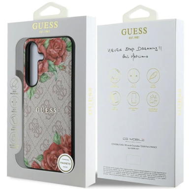 Guess Odinis 4G Flowers Print Metal Classic Logo MagSafe Dėklas skirtas Samsung Galaxy S25 - Rožinis 7
