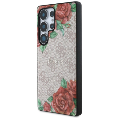 Guess Odinis 4G Flowers Print Metal Classic Logo MagSafe Dėklas skirtas Samsung Galaxy S25 Ultra - Rožinis 1