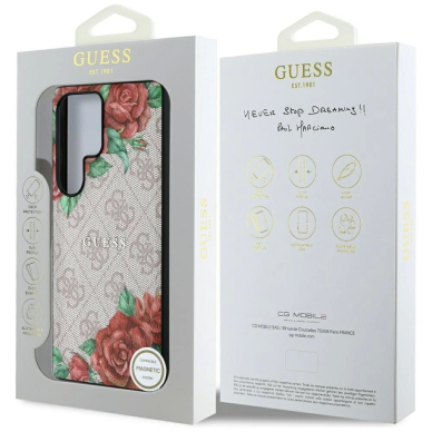 Guess Odinis 4G Flowers Print Metal Classic Logo MagSafe Dėklas skirtas Samsung Galaxy S25 Ultra - Rožinis 7