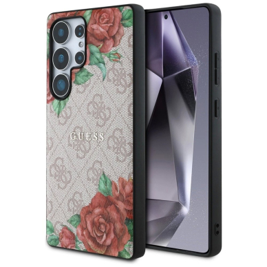 Guess Odinis 4G Flowers Print Metal Classic Logo MagSafe Dėklas skirtas Samsung Galaxy S25 Ultra - Rožinis