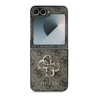 Guess Leather 4G Metal Logo Dėklas Samsung Galaxy Z Flip 6 - rudas 1 Guess Leather 4G Metal Logo Dėklas Samsung Galaxy Z Flip 6 - rudas 1