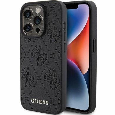 iPhone 15 Pro Max Guess Leather 4G Stamped dėklas – juodas