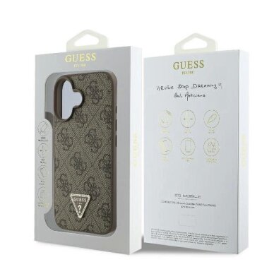 iPhone 16 Guess Leather 4G Triangle Strass MagSafe dėklas – rudas 7 iPhone 16 Guess Leather 4G Triangle Strass MagSafe dėklas – rudas 7