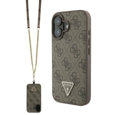 Dėklas Guess Leather Metal Logo Strass Crossbody iPhone 16 - Rudas Dėklas Guess Leather Metal Logo Strass Crossbody iPhone 16 - Rudas