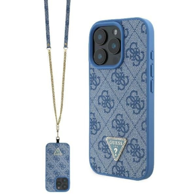 iPhone 16 Pro Max – Guess Leather Metal Logo Strass Crossbody dėklas - Mėlynas