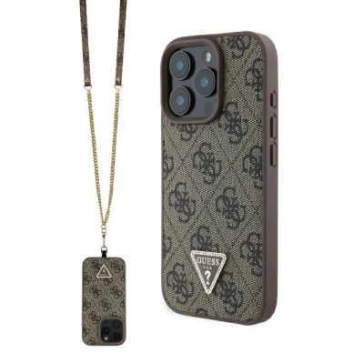 iPhone 16 Pro Max – Guess Leather Metal Logo Strass Crossbody dėklas - Rudas