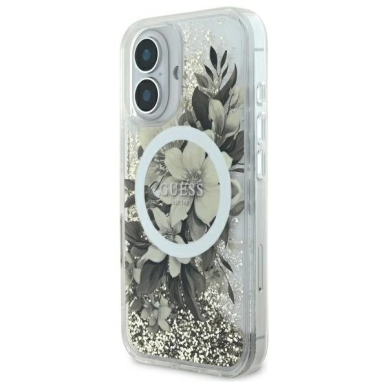 iPhone 16 – Guess Liquid Glitter Flower MagSafe dėklas - Smėlinis 1
