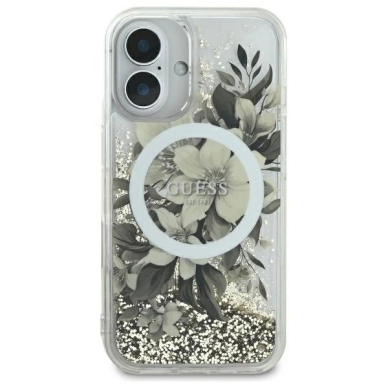 iPhone 16 – Guess Liquid Glitter Flower MagSafe dėklas - Smėlinis 2