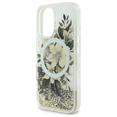 iPhone 16 – Guess Liquid Glitter Flower MagSafe dėklas - Smėlinis 5