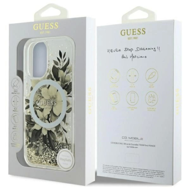 iPhone 16 – Guess Liquid Glitter Flower MagSafe dėklas - Smėlinis 7