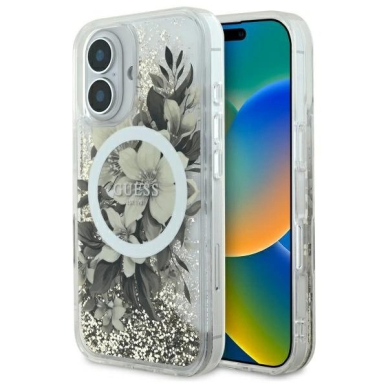 iPhone 16 – Guess Liquid Glitter Flower MagSafe dėklas - Smėlinis