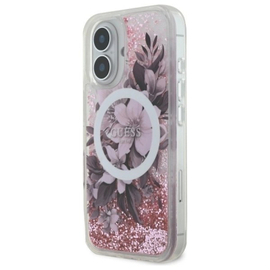 iPhone 16 – Guess Liquid Glitter Flower MagSafe dėklas - Rožinis 1