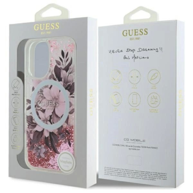 iPhone 16 – Guess Liquid Glitter Flower MagSafe dėklas - Rožinis 7