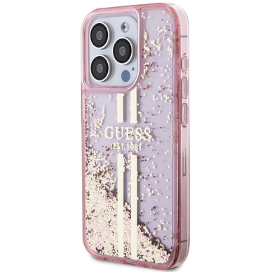 Originalus Guess dėklas Liquid Glitter Auksinis StripesiPhone 15 Pro - Rožinis 1 Originalus Guess dėklas Liquid Glitter Auksinis StripesiPhone 15 Pro - Rožinis 1